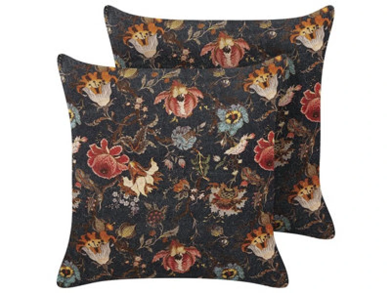 Image of Beliani Set Of 2 Decorative Cushions Ramonda Velvet 45 X 45cm Multicolour Floral Pattern