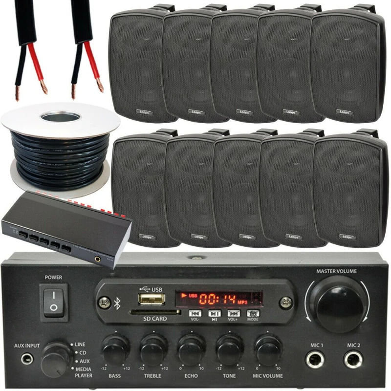 Image of Loops Outdoor Bluetooth Speaker Kit 10x 60W Black Stereo Amp 5 Zone Garden Parties Black unisex
