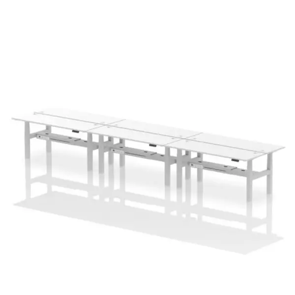 Image of Air Air Back-to-Back 1800 x 600mm Height Adjustable 6 Person Bench Desk White Top with Cable Ports Silver Frame HASCP6P18600WHTS