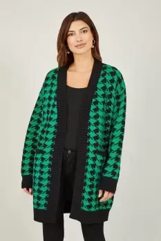 Image of Green Dogtooth Intarsia Knit Long Cardigan