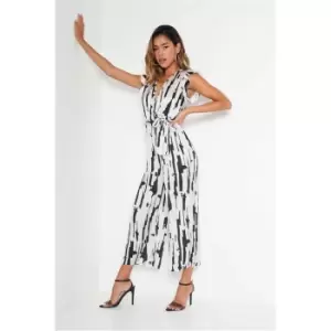 Image of I Saw It First Cream Satin Abstract Print Frill Sleeve Plunge Tie Waist Culotte Jumpsuit - White