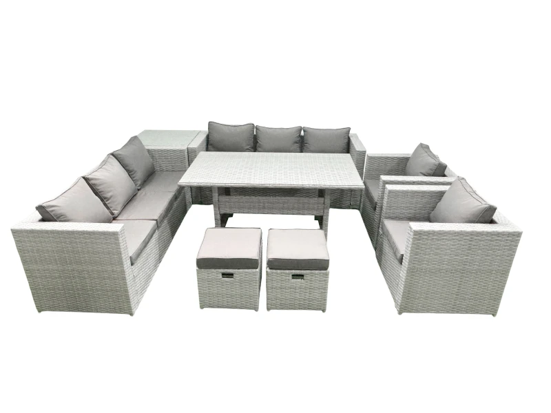 Image of Fimous Rattan Garden Furniture Set Outdoor 8 Seater Patio Dinin g Sofa Sets with Dining Table 2 Chairs Side Table 2 Small Footstools Light Grey Mixed