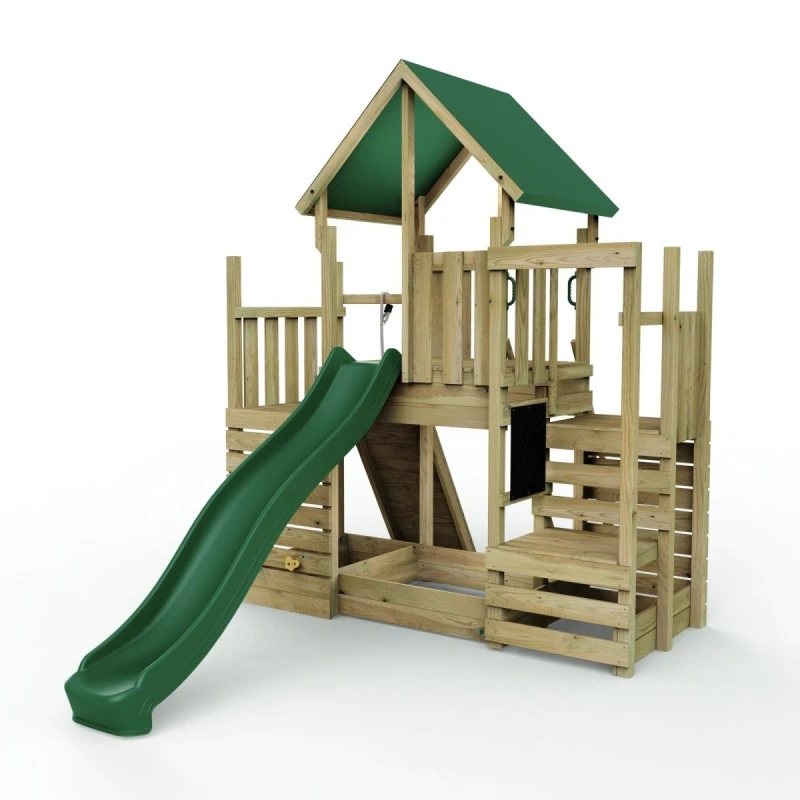 Image of Rebo Wooden Climbing Frame with Play Tower, Climbing Wall and Slide - M21 Ramp Brown