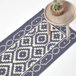 Image of Halmstad Blue and White Scandi Style 100% Cotton Printed Rug, 66 x 200cm - Blue - Homescapes