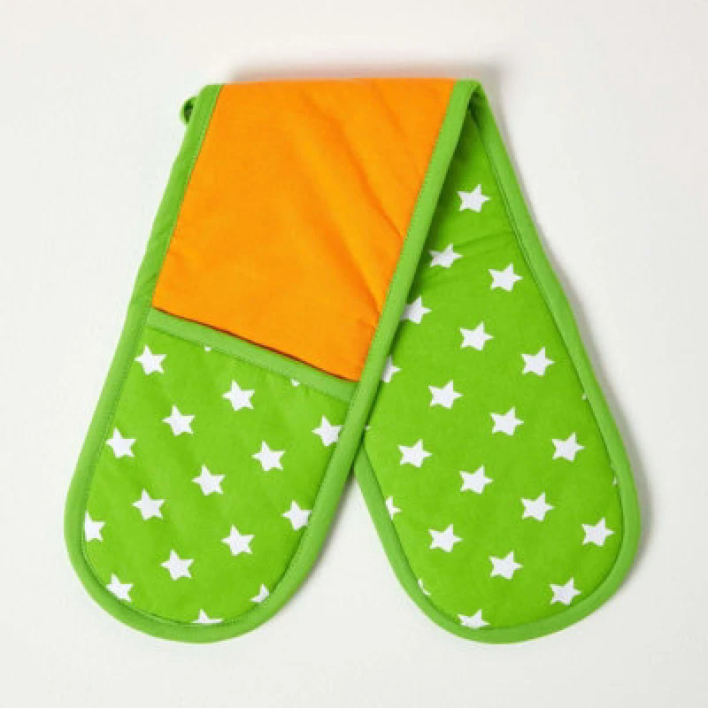 Image of Homescapes Orange and Green Stars Cotton Double Oven Glove Green unisex