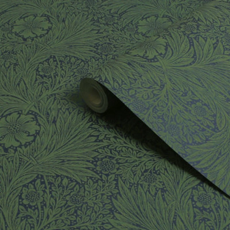 Image of William Morris Gallery Collection Fibrous Green Marigold Metallic Effect Smooth Wallpaper