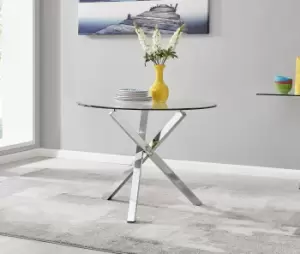 Image of Selina 100cm 4-Seater Striking Round Glass & Chrome Dining Table With Square Legs