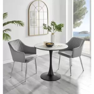 Image of Furniturebox UK - Furniturebox Elina White Marble Effect Modern 80cm Round Dining Table & 2 Grey Calla Silver Leg Velvet Chairs