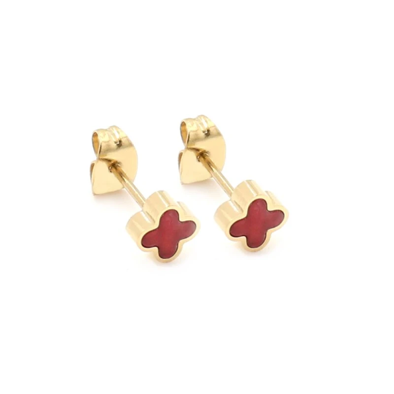 Image of Say It With Cherry Red Crystal Clover Earrings - Yellow Gold Gold Unisex One Size