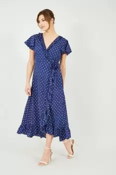 Image of Navy Polka dot Frill Wrap Dress