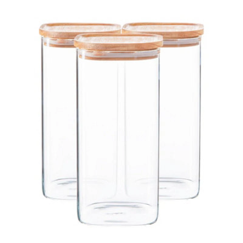 Image of Argon Tableware Square Glass Storage Jars with Wooden Lids 1.5 Litre Pack of 3 Clear