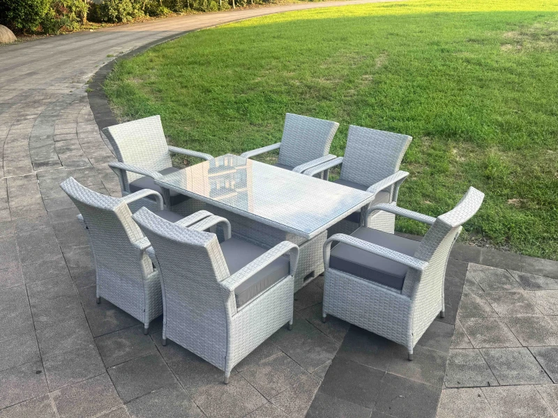 Image of Fimous Rattan Outdoor Garden furniture Set Rising Table & 6 Chairs Set in Light Grey Light Grey Unisex