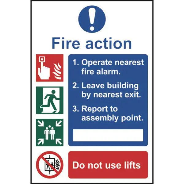 Image of Fire Action Sign with Symbols - 1mm Rigid PVC Board - 300 x 200mm
