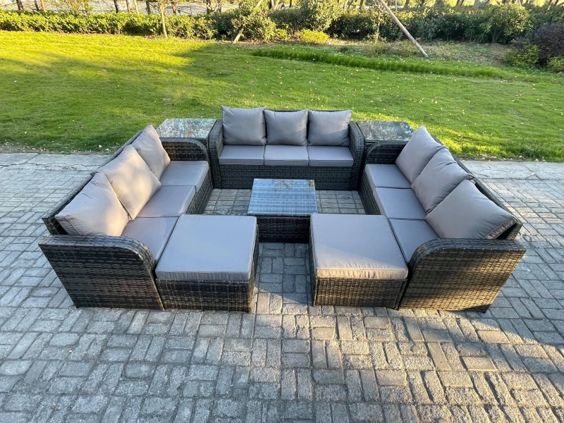 Image of Fimous Rattan Outdoor Furniture Set Patio Garden Sofa Set with Square Coffee Table 2 Big Footstool 2 Side Tables Dark Grey Mixed Dark Grey