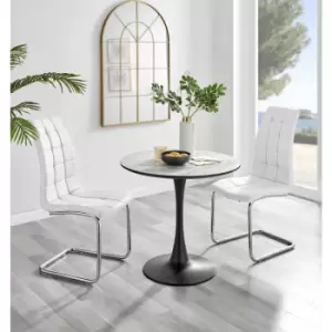 Image of Furniturebox UK - Furniturebox Elina White Marble Effect Modern 80cm Round Dining Table & 2 White Murano Faux Leather Chairs