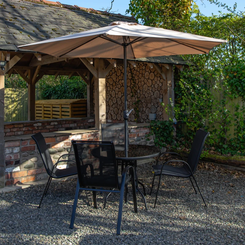 Image of Outdoor 4 Person Round Glass Top Garden Dining Table Chairs With Beige Parasol and Base Set