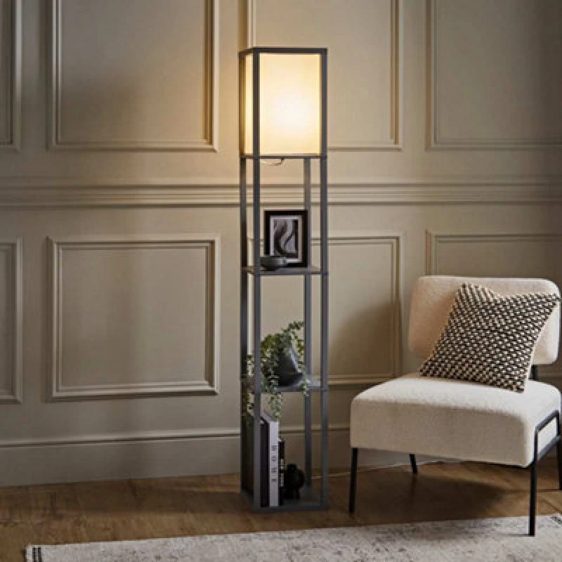 Image of ValueLights ValueLights Struttura Wooden Shelving Floor Lamp with Fabric Shade and LED Bulb in Grey Grey One Size Unisex 5059406033926