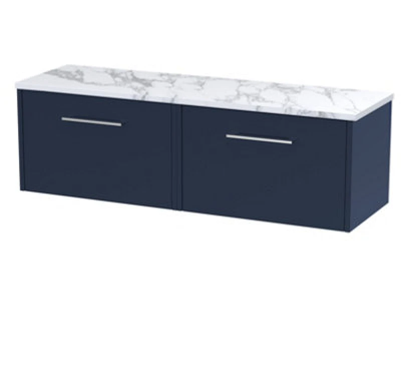 Image of HUDSON REED Hudson Reed - Juno Wall Hung 2-Drawer Vanity Unit with Carrera Marble Worktop 1200mm Wide - Midnight Blue JNU2922LCM2