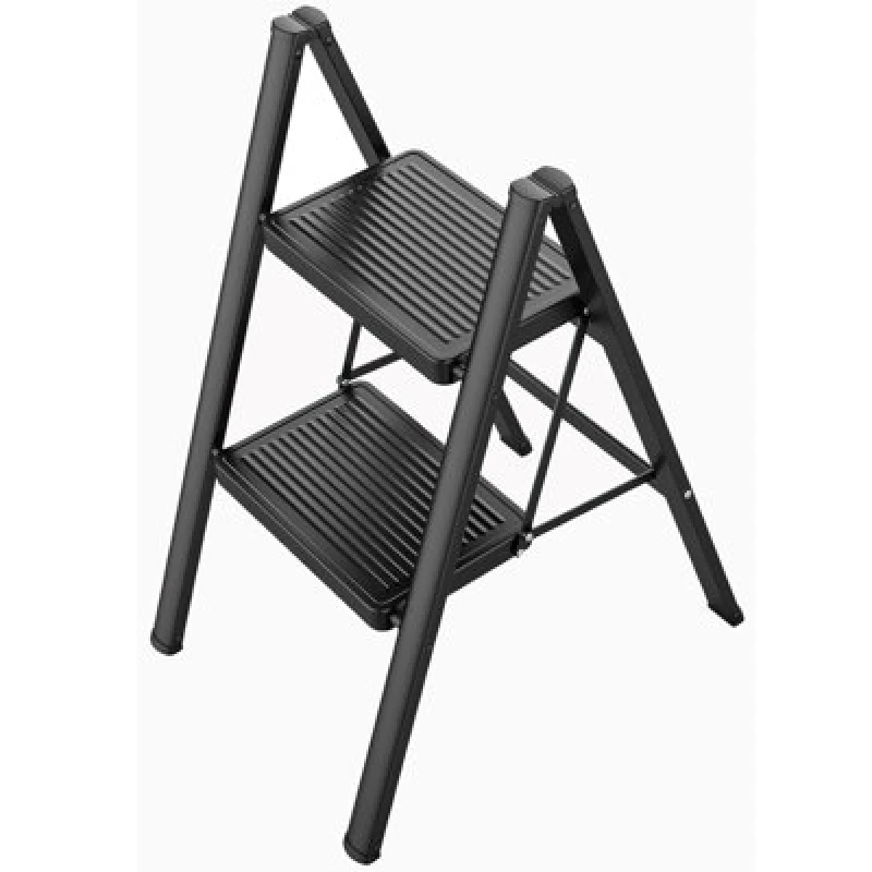 Image of Gr8 Home Black 2 Step Ladder Folding Metal Non Slip Stool Heavy Duty Carbon Steel