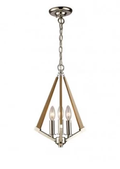 Image of Tetragonal Caged Ceiling Pendant 3 Light E14 Polished Nickel, Taupe Wood