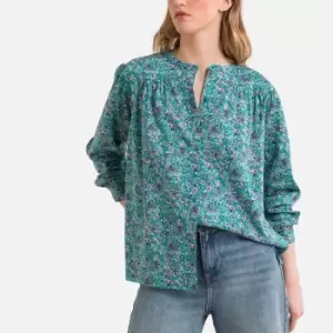 Image of Xala Floral Cotton Blouse with Crew Neck and Long Sleeves