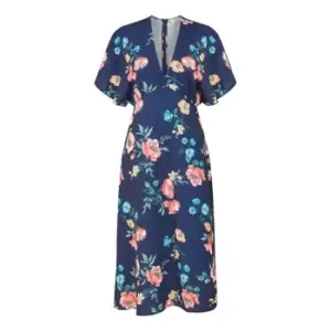Image of Yumi Navy Floral Kimono Midi Dress - Blue