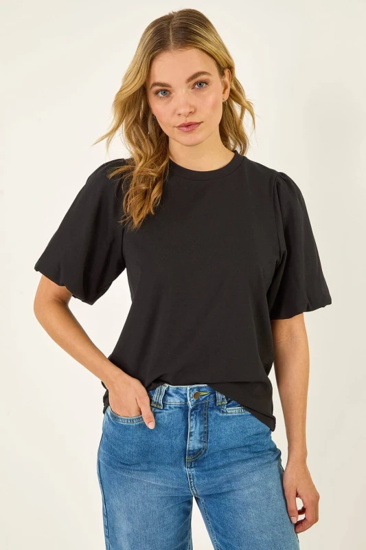 Image of Dusk Womens Puff Sleeve Stretch T-Shirt in Black Size: 12 Black Female 12