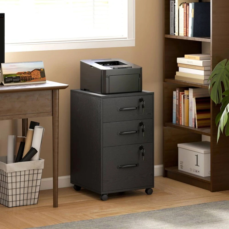 Image of HOMCOM 3 Drawer File Cabinet Rolling Filing Cabinet for A4 & Letter in Black Unisex