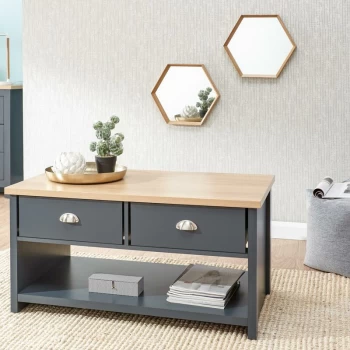 Image of Lancaster - Slate Blue Oak Top Coffee Table 2 Drawer Occasional Table D Cup Metal Handles