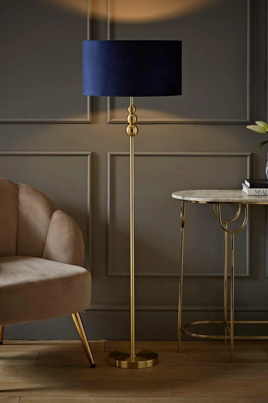 Image of ValueLights ValueLights Marissa Velvet Drum Shade with Brushed Gold Stacked Ball Floor Lamp in Navy Navy One Size Unisex 5059406046421