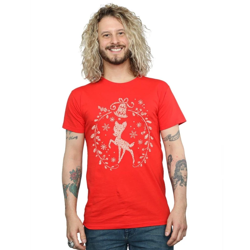 Image of Disney Men Bambi Christmas Wreath T-Shirt in Red Size: Small Red S Male 5057245990738