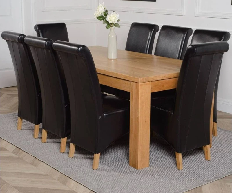 Image of Thats Furniture Dakot 182 x 92cm Oak Large Dining Table & 8 Montana Leather Chairs in Black Size: 182 x 92cm Black Unisex 182 x 92 cm