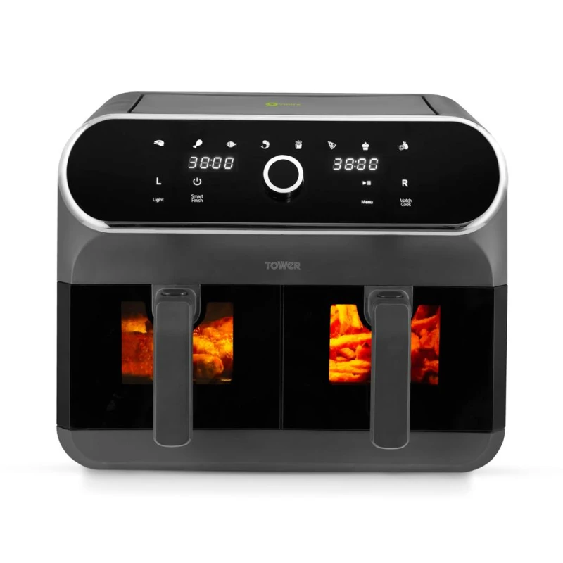 Image of Tower Elite 8 Litre Dual Basket Air Fryer with Viewing Windows Graphite