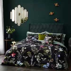 Image of Midnight Bee Floral Digital Print Velvet Duvet Cover Set, Black, Super King - Wylder
