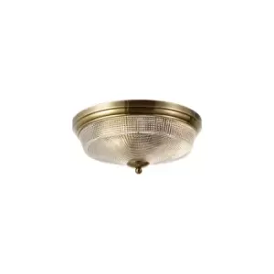 Image of DeRuyter 2 Light E27 Flush Ceiling Lamp, Antique Brass, Prismatic Glass