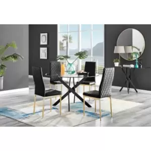 Image of Furniture Box Novara Black Leg 120Cm Round Glass Dining Table and 4 Black Velvet Milan Gold Leg Chairs