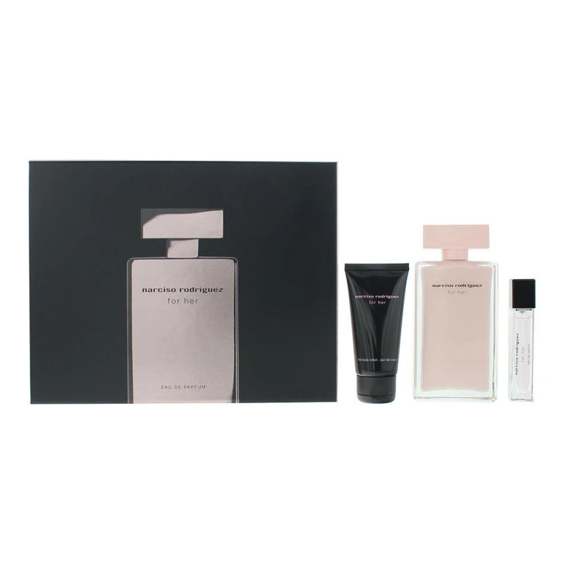 Image of Narciso Rodriguez For Her 3 Piece Gift Set: Eau de Parfum 100ml - Body Lotion 50ml - Eau de Parfum 10ml