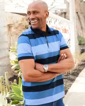 Image of Cotton Traders Mens Zip Neck Stripe Polo Shirt in Blue