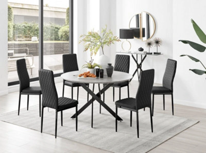 Image of FurnitureboxUK FurnitureboxUK Novara Grey Concrete Effect Black Leg 120cm Round Dining Table & 6 Milan Black Leg Chairs Black One Size Unisex 50566571