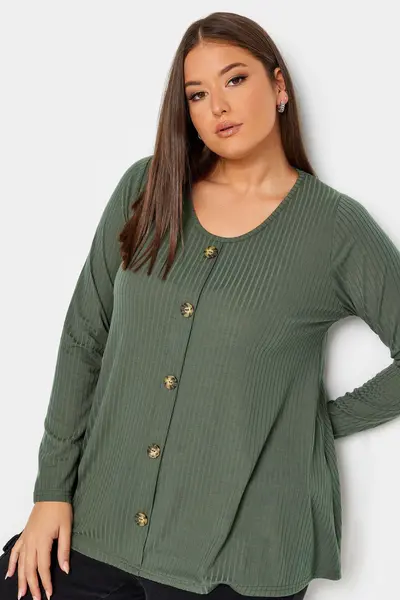 Image of Yours Ribbed Button Front Top Green