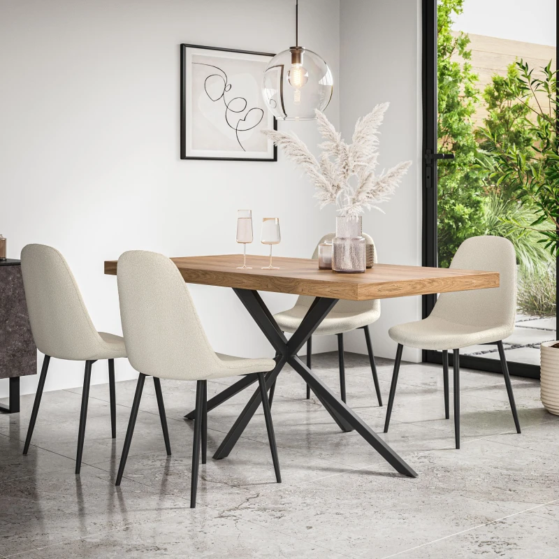 Image of More4Homes Donni Dining Table And Chairs - Oak Effect Table Top W Black Legs + Maya Boucle Dining Chair Set Of 4 (Ivory White)