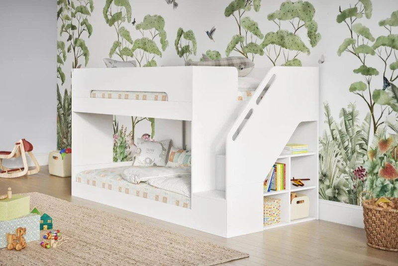 Image of Flair Deimo Staircase Low Bunk Bed White Size: Single White Unisex Single