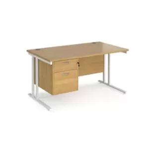 Image of Office Desk Rectangular Desk 1400mm With Pedestal Oak Top With White Frame 800mm Depth Maestro 25 MC14P2WHO