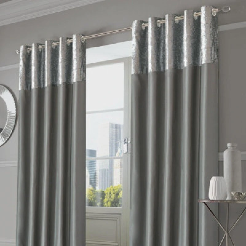 Image of OHS OHS Pair of Eyelet Fully Lined Crushed Velvet Band Curtains in Light Grey Size: 228cm width x 183cm drop Light Grey 228cm width x 183cm drop Uni