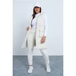 Image of I Saw It First Stone Hooded Longline Drawstring Padded Gilet - Brown