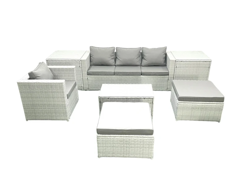 Image of Fimous 7 Pieces Rattan Garden Furniture Set Outdoor Garden Sofa Chair Coffee Table Set with 2 Side Tables 2 Big Footstools Light Grey Mixed Light Grey