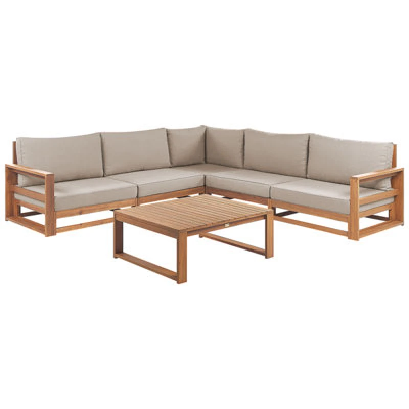 Image of Beliani Garden Corner Sofa With Table 5 Seater Timor Modular Certified Acacia Wood Light Brown