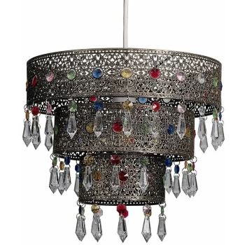Image of Minisun - Moroccan 3 Tier Distressed Ceiling Pendant Light Shade + Multi-coloured Acrylic Jewel Droplets - No Bulb