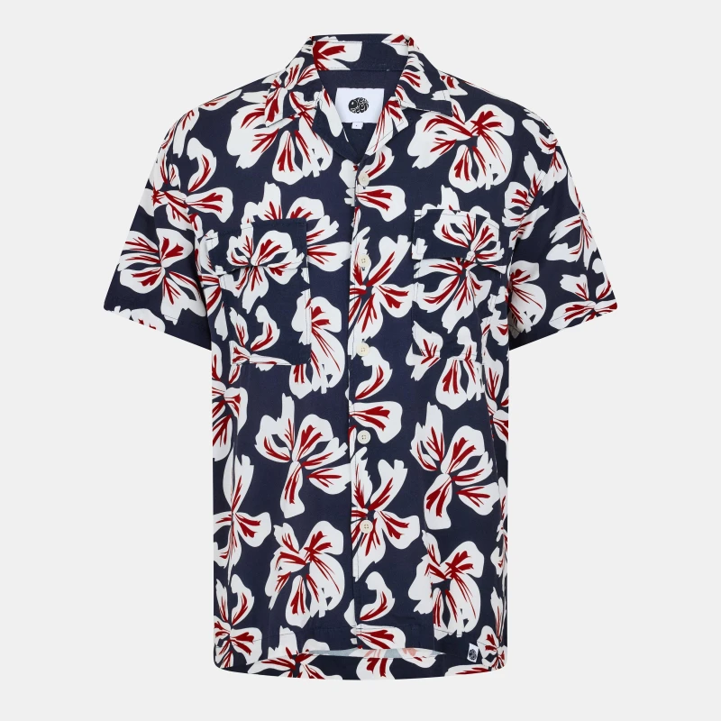 Image of Pretty Green Mens Bauhaus Cuban Collar Short-Sleeve Plain Shirt Navy male Small