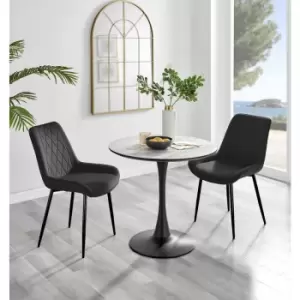 Image of Furniturebox UK - Furniturebox Elina White Marble Effect Modern 80cm Round Dining Table & 2 Black Pesaro Black Leg Velvet Chairs